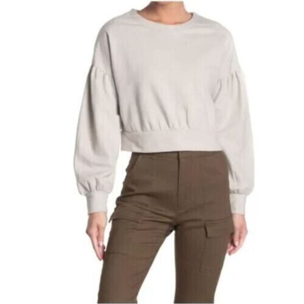 Abound Women's Cozy Crew Neck Puffed Sleeve Cropped Sweatshirt Grey Porpoise Med
